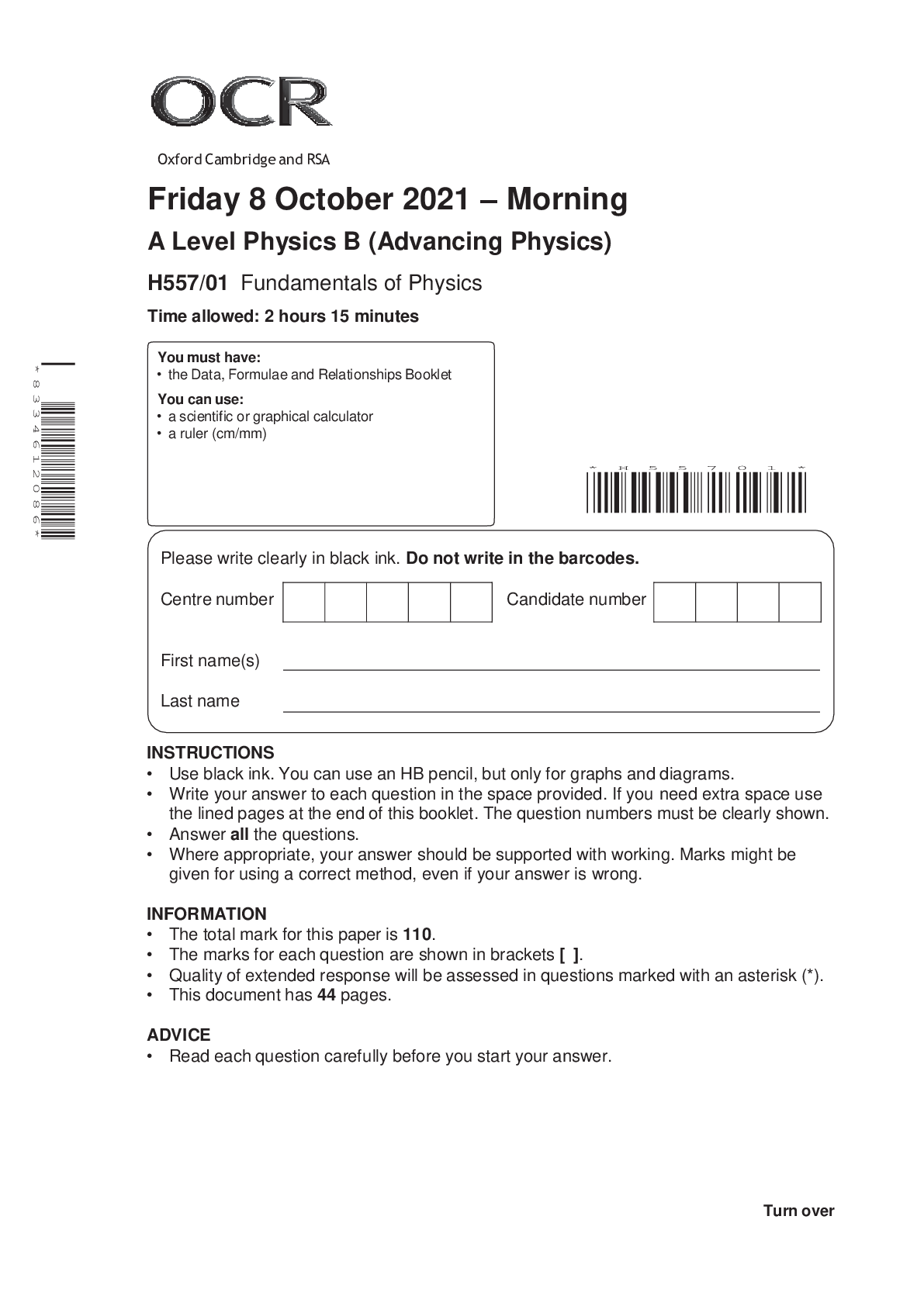 Preview image for > Interchange A Level GCE Physics B H557/01- Fundamentals of physics Advanced GCE Mark Scheme for Autumn 2021.